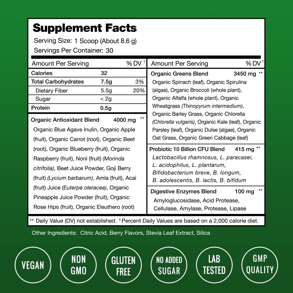 NutraChamps Super Greens Powder Premium Superfood | 20+ Organic Green Veggie Whole Foods | Wheat Grass, Spirulina, Chlorella & More | Antioxidant, Digestive Enzyme & Probiotic Blends