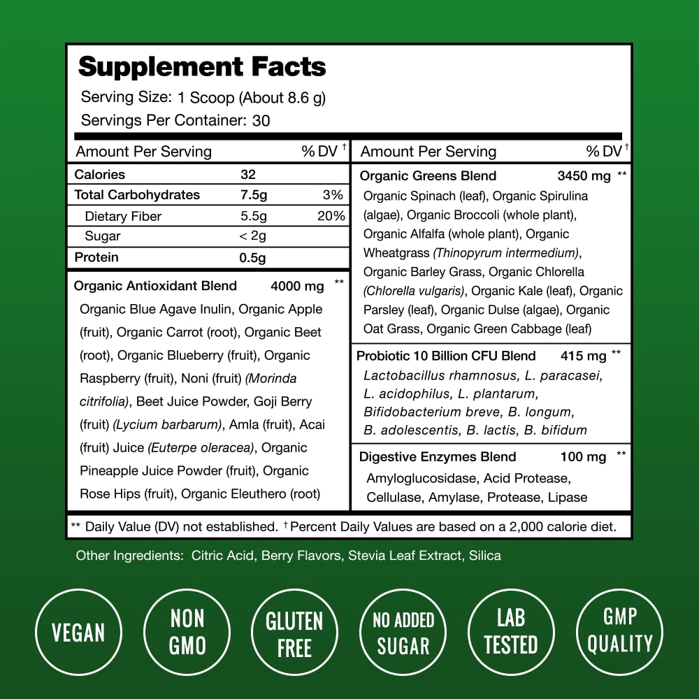 NutraChamps Super Greens Powder Premium Superfood | 20+ Organic Green Veggie Whole Foods | Wheat Grass, Spirulina, Chlorella & More | Antioxidant, Digestive Enzyme & Probiotic Blends