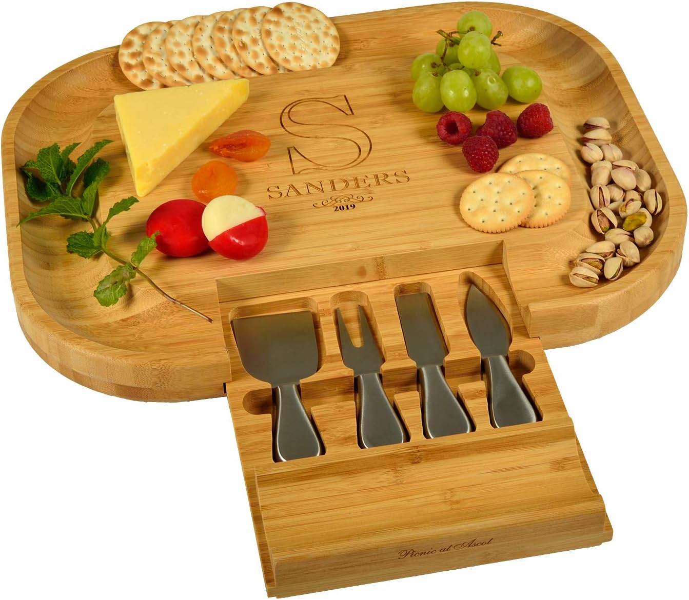 Custom Personalized Engraved Bamboo Cheese/Charcuterie Cutting Board with Knife Set & Cheese Markers- Designed & Quality Checked in USA