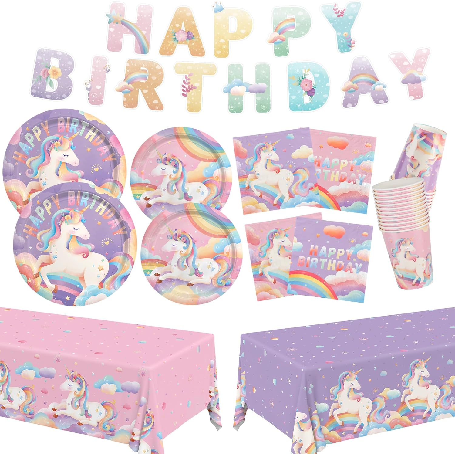 birthday Party Supplies Kit for 24 Guests – for Unicorn Birthday Decorations, Includes Dinner & Dessert Plates, Napkins, Cups, Banner and Tablecloth for Unicorn 1st Birthday Party Decorations