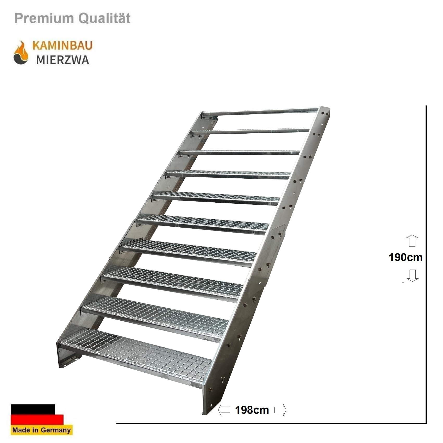Escalier en acier galvanisé de qualité supérieure / 10 marches galvanisées (largeur 1000 mm) (hauteur 190 cm), résistant aux intempéries, pour le jardin