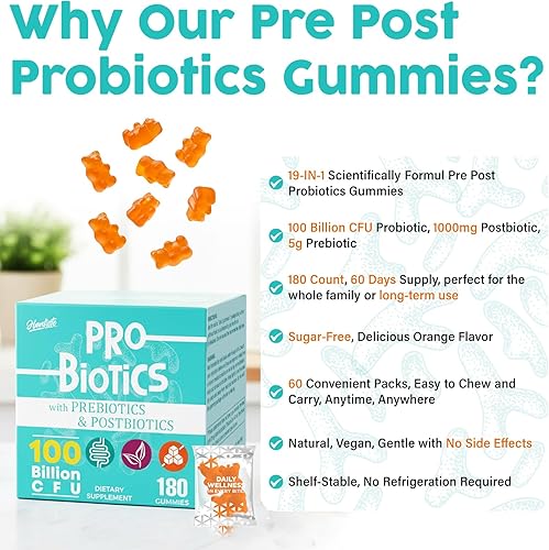 Miniatura 7 de Gomitas probióticas 19 en 1, prebióticos probióticos posbióticos, 100 mil millones de UFC para mujeres y hombres, apoyo inmunitario, intestinal y