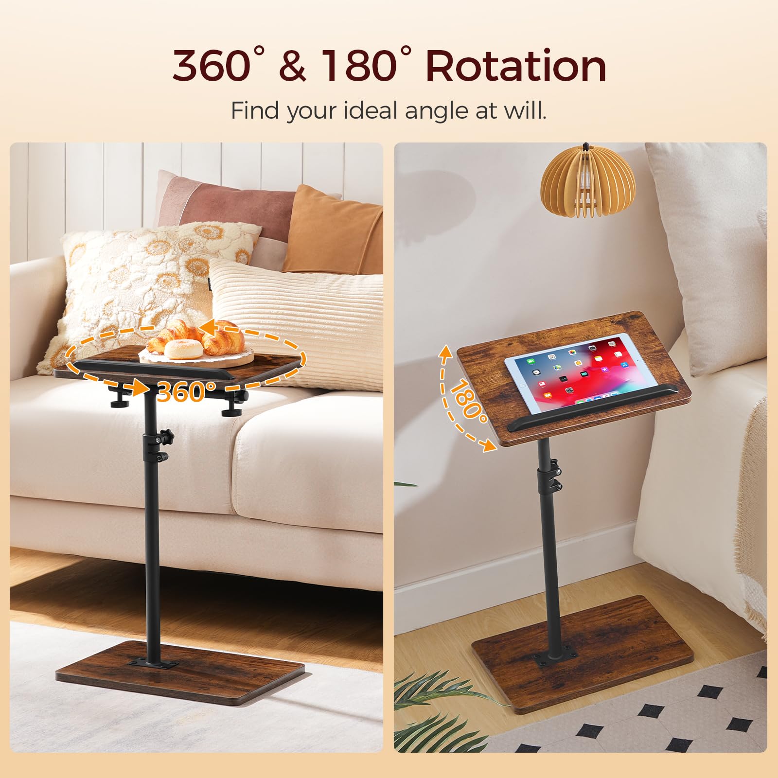 MAHANCRIS 360° Draaibare Bijzettafel met Verstelbare Hoogte van 50,8 tot 75 cm, Salontafel, C-vormig Nachtkastje, Salontafel, met Telefoon- en Tabletvak, voor Kleine Ruimtes, Vintage Bruin AETRB4501