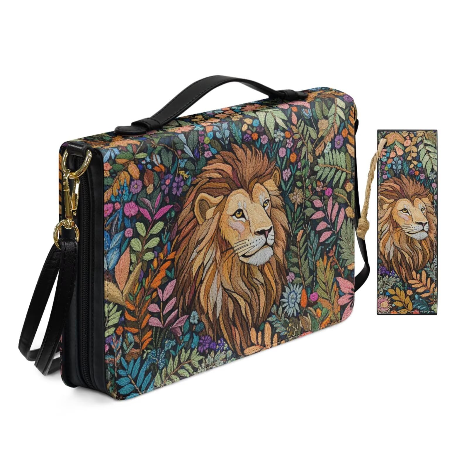 Black Plants Floral Lion Bible Cover Case for Women Travel Church Worship Print Pu Leather Shoulder Strap Bible Bags with Bookmark & Handle Pockets Zippered Crossbody Book Covers
