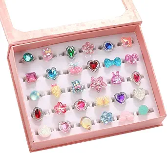 PinkSheep Little Girl Jewel Rings in Box, Adjustable, No duplication, Girl Pretend Play and Dress Up Rings (30 Jewel Ring)
