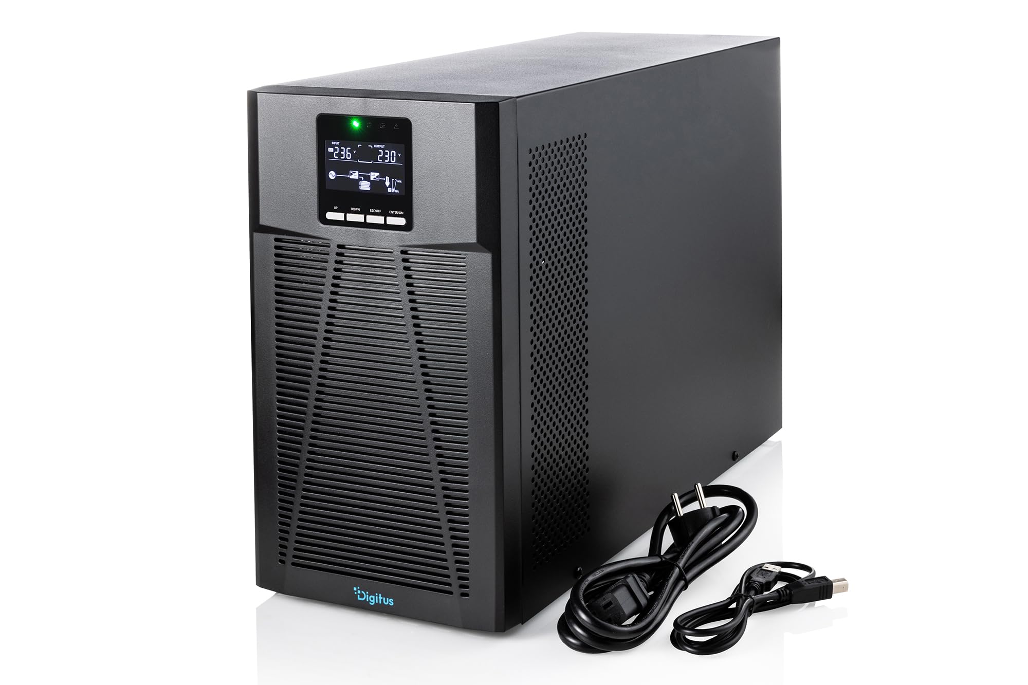 DIGITUS OnLine USV-System – 3 kVA 3 kW – 8X IEC C13 Steckdosen – Tower | Unterbrechungsfreie Stromversorgung – Leistungsfaktor 1,0 – UPS Software – RS232, RJ45 & USB-Port – Schwarz