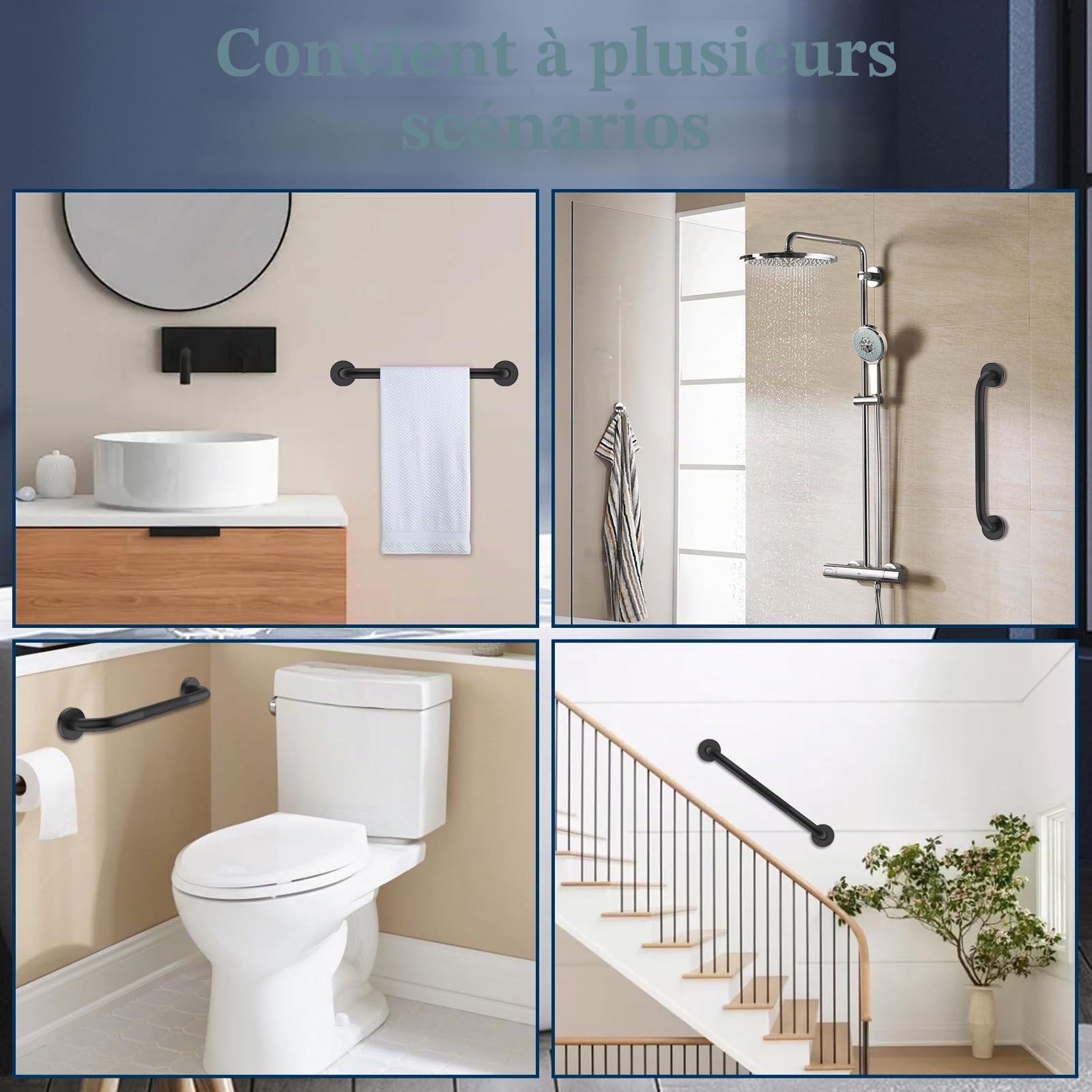 YF Lot de 2 Barres d'appui Salle de Bain, Poignées de Douche Antidérapantes en Acier Inox 201, Barres de douche de 30 cm, Sécurité pour Seniors, Handicapés et Enfants, Couleur, Noire