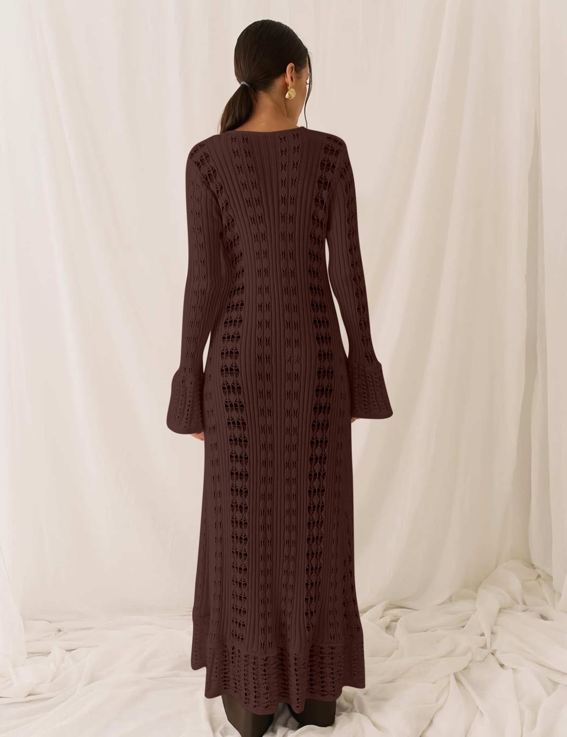 Cardigan pour femme, tendance, léger, en crochet, long plumeau, boutonné, cloche, manches longues, robe longue à volants en tricot