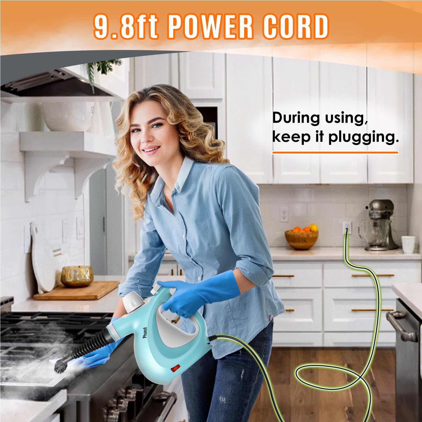 Pressurized Handheld Multi-Surface Natural Steam Cleaner with 12 pcs Accessories, Multi-Purpose Steamer for Home Use, Steamer for Cleaning Floor, Upholstery, Grout and Car () (Grey): Blue