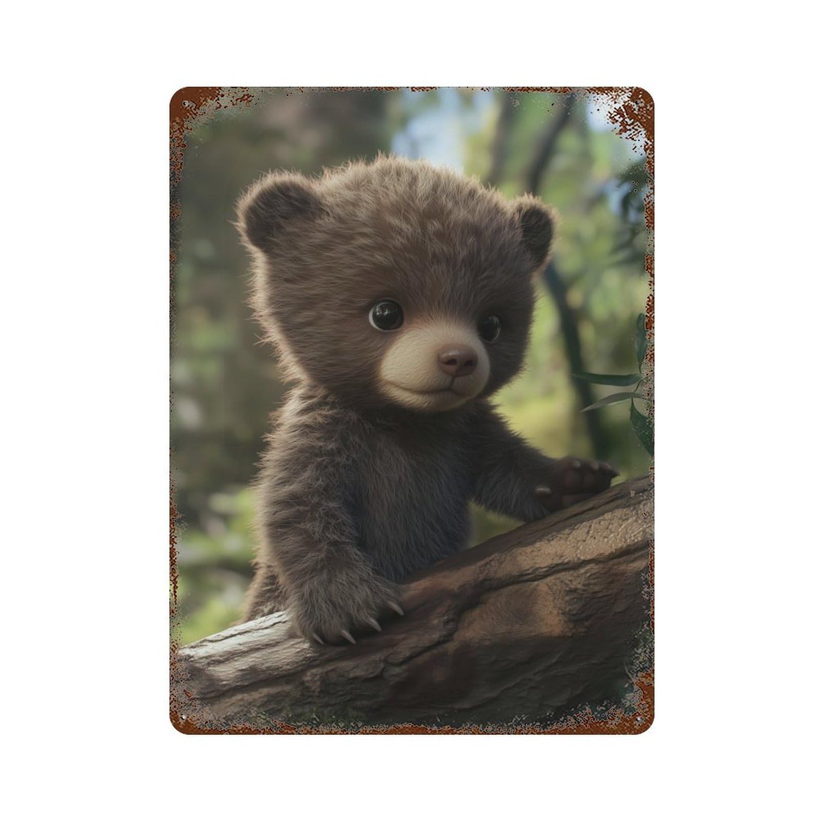Retro Metal Sign with Cute Bear Cub in Forest Design 15.7"x11.8", for Living Room, Hallway And Home Decor, Farmhouse Wall Decor