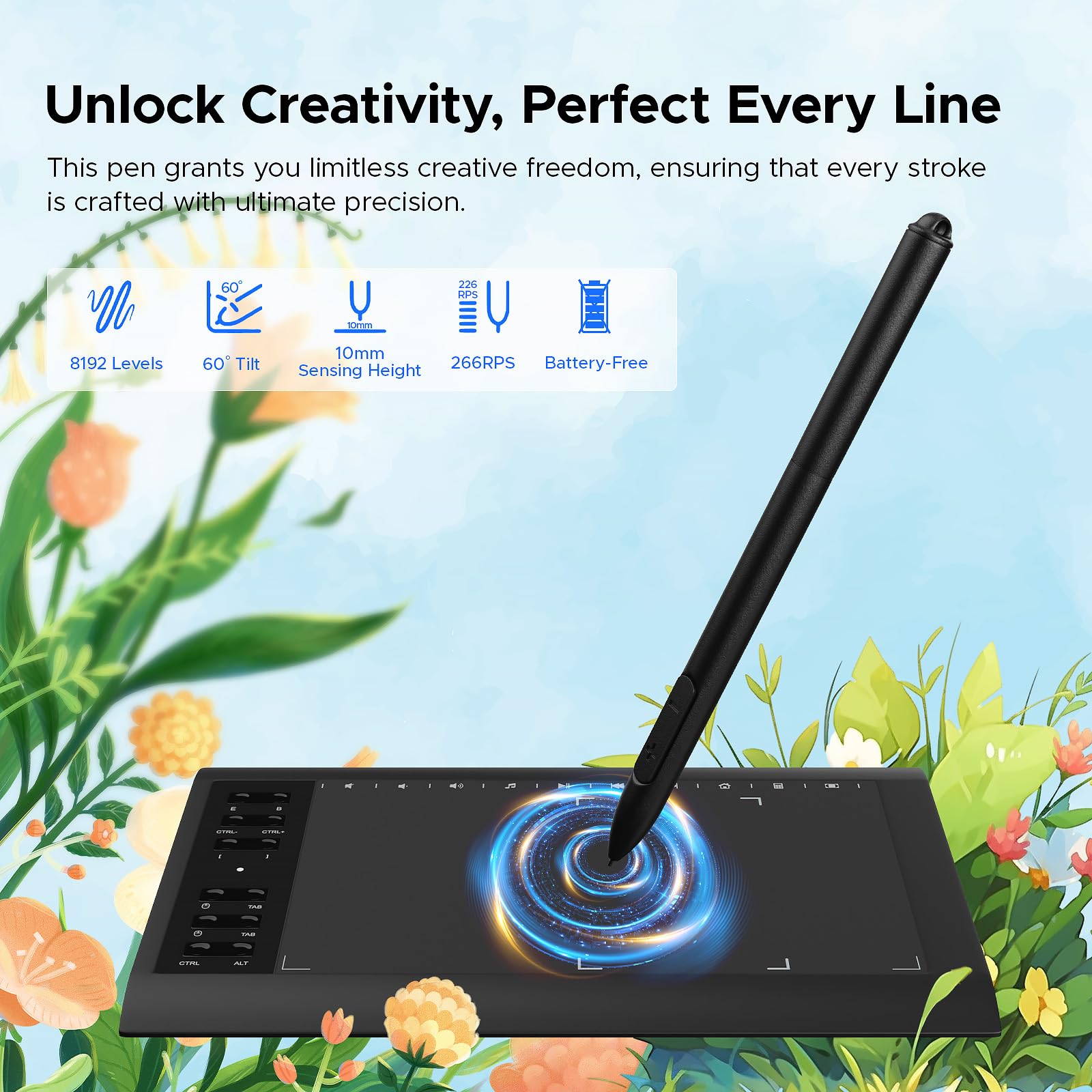Tableta gráfica digital de 10 x 6 pulgadas con lápiz capacitivo sin batería, 12 teclas de acceso rápido, compatible con Windows, Mac, Android para artistas, diseñadores, enseñanza en línea