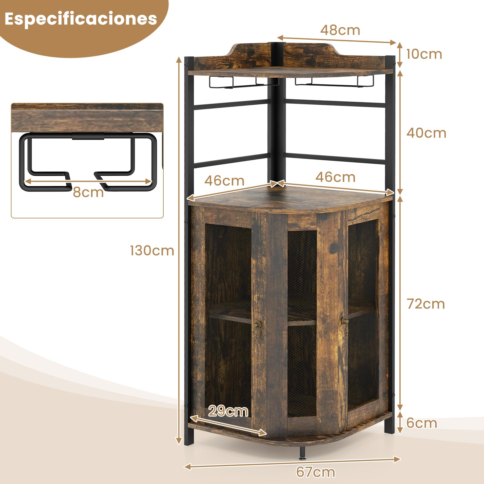 GIANTEX Armario de Vino Esquinero con Puertas de Malla Metálica, Estantería de Almacenamiento con Soporte para Copas de Vino, Estante Ajustable, Aparador para Bar, Comedor, Salón (Marrón Oscuro)