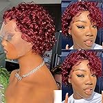 Red Short Curly Wigs Pixie Cut Lace Front Wig 6 inch Human Hair 13X1 Short Burgundy Human Hair Wigs HD Lace Front Wig Plucked Pixie Curly Wigs for Black Women (6 Inch, Red)
