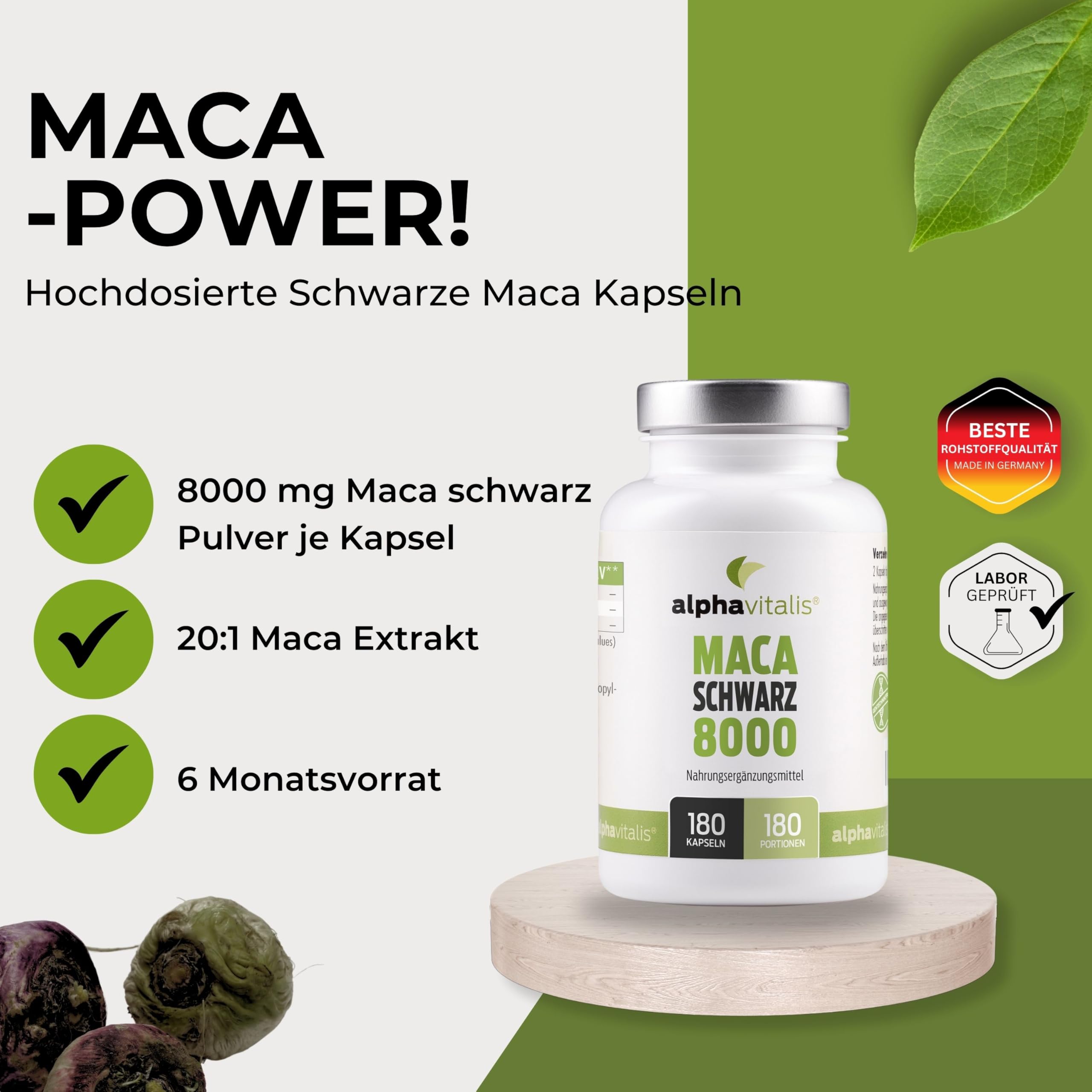 Maca Kapseln vegan - 180 Maca schwarz Kapseln - 8000 mg je Stk. als starker 20:1 Extrakt aus Lepidium meyenii - ohne Magnesiumstearat - 6 Monats Kur aus Premiumrohstoffen von alphavitalis