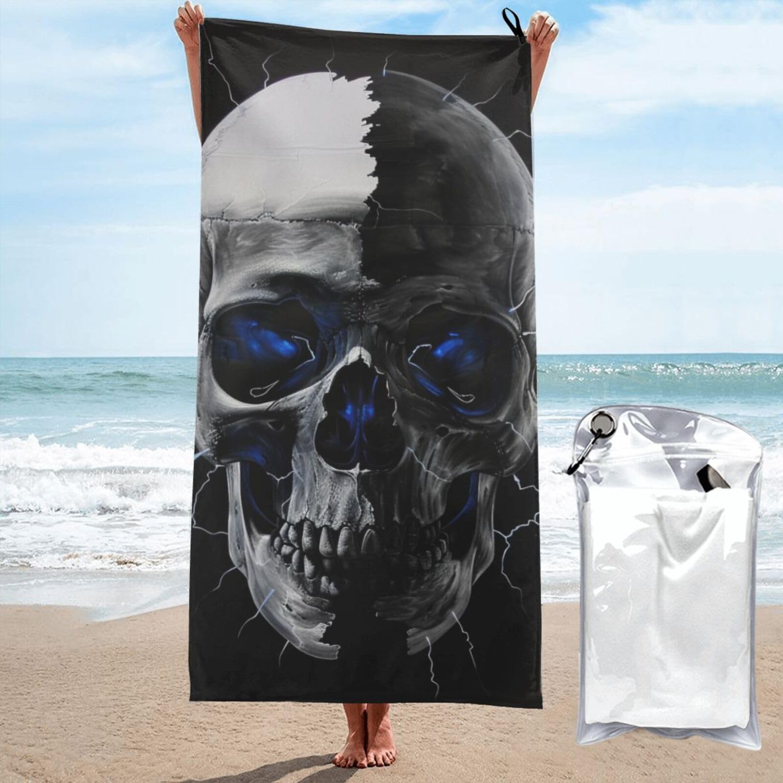 kkvhhyuo Microfiber Beach Towel, Skulls Printed Lightweight Quick Dry Travel Bath Sheet with Compact Carry Bag for Swimming Yoga Camping Gym,31.5"x63"