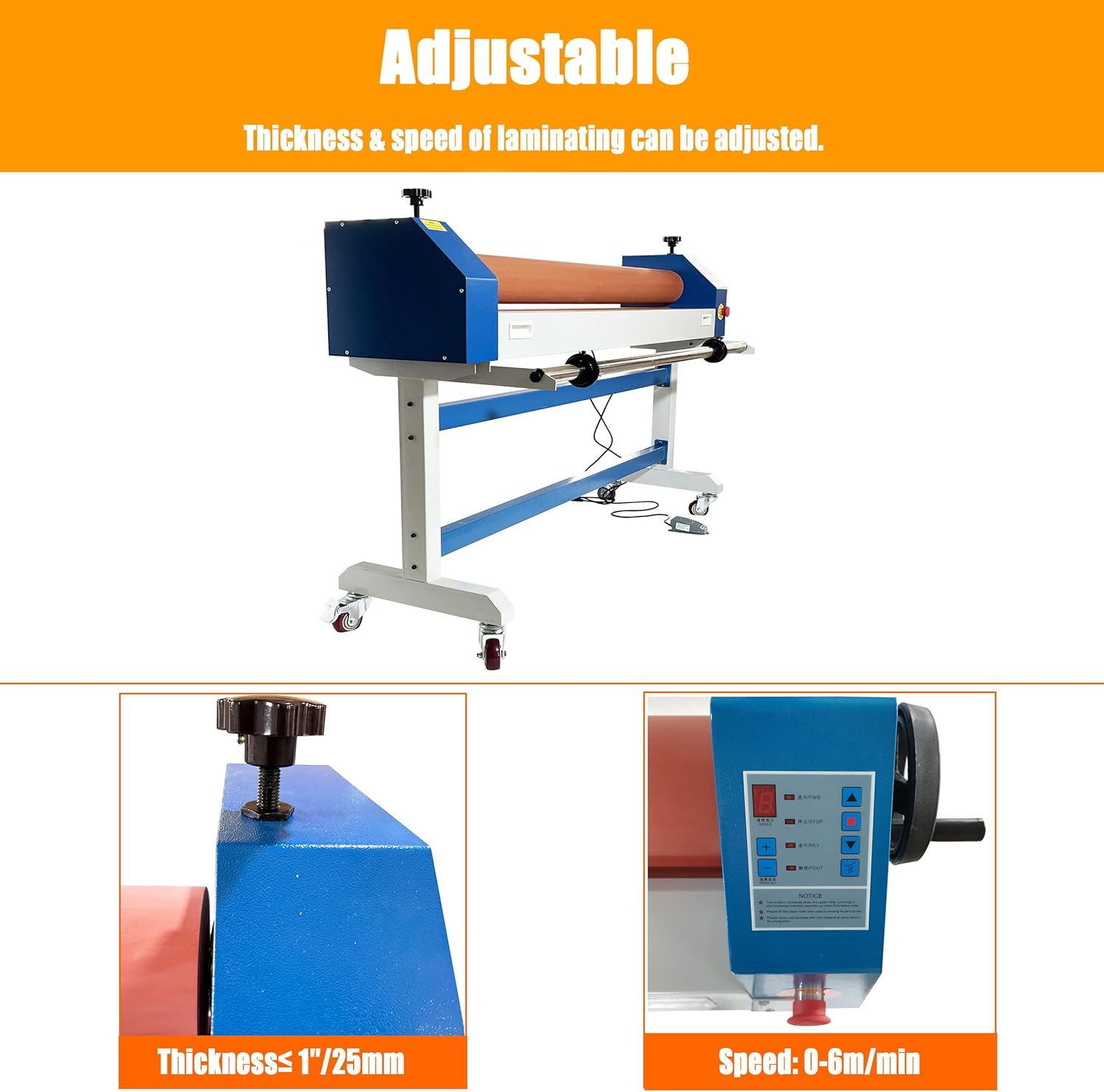 63 inches Electric Cold Roll Laminator, for Office School Advertising Photo Laminating, Electric/Manual Operation, Soft Rubber Rollers, 4 Casters