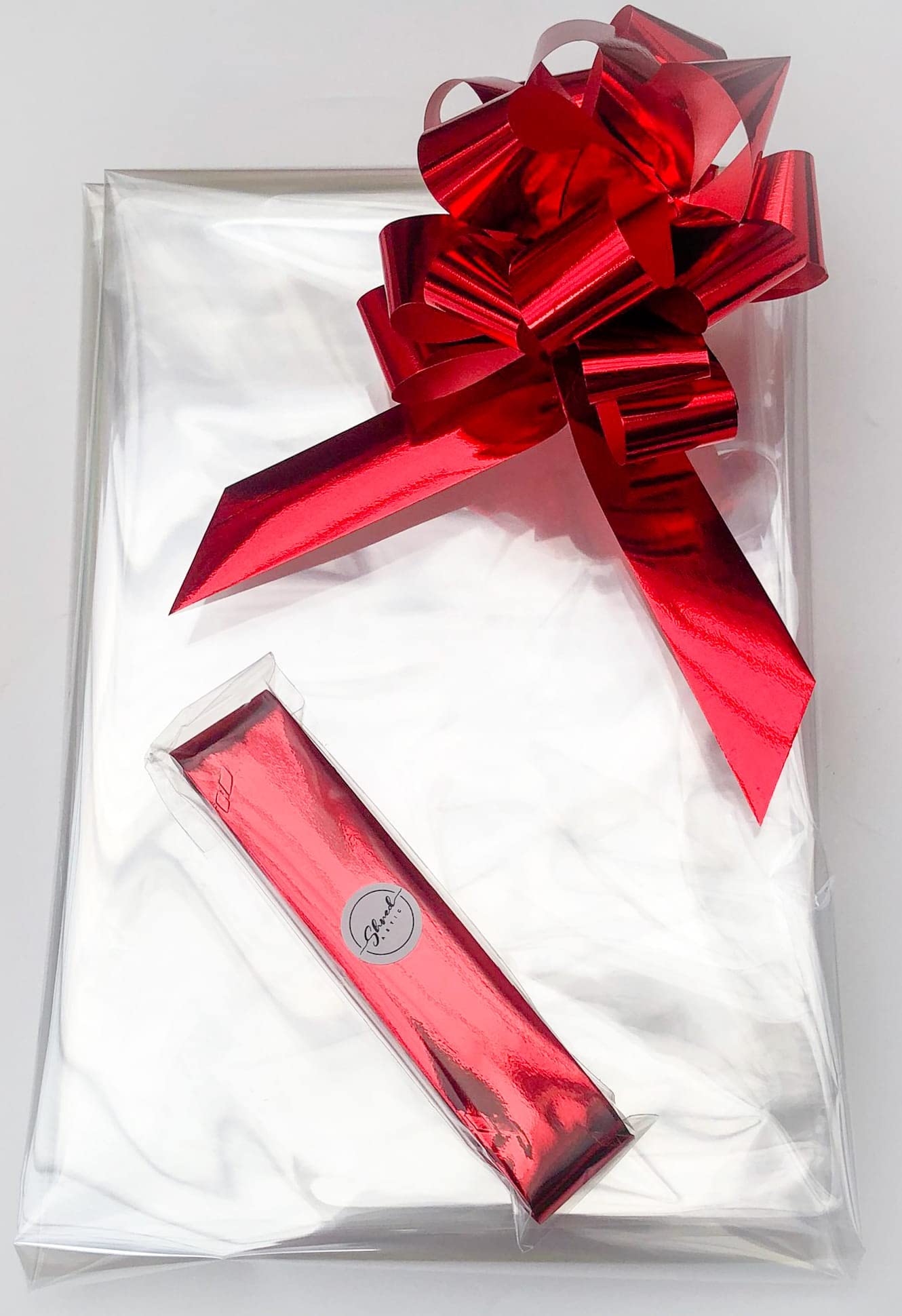 ShredAstic® Clear Florist Cellophane wrap with 30mm Pull Bow (5 metres, Metallic Red)