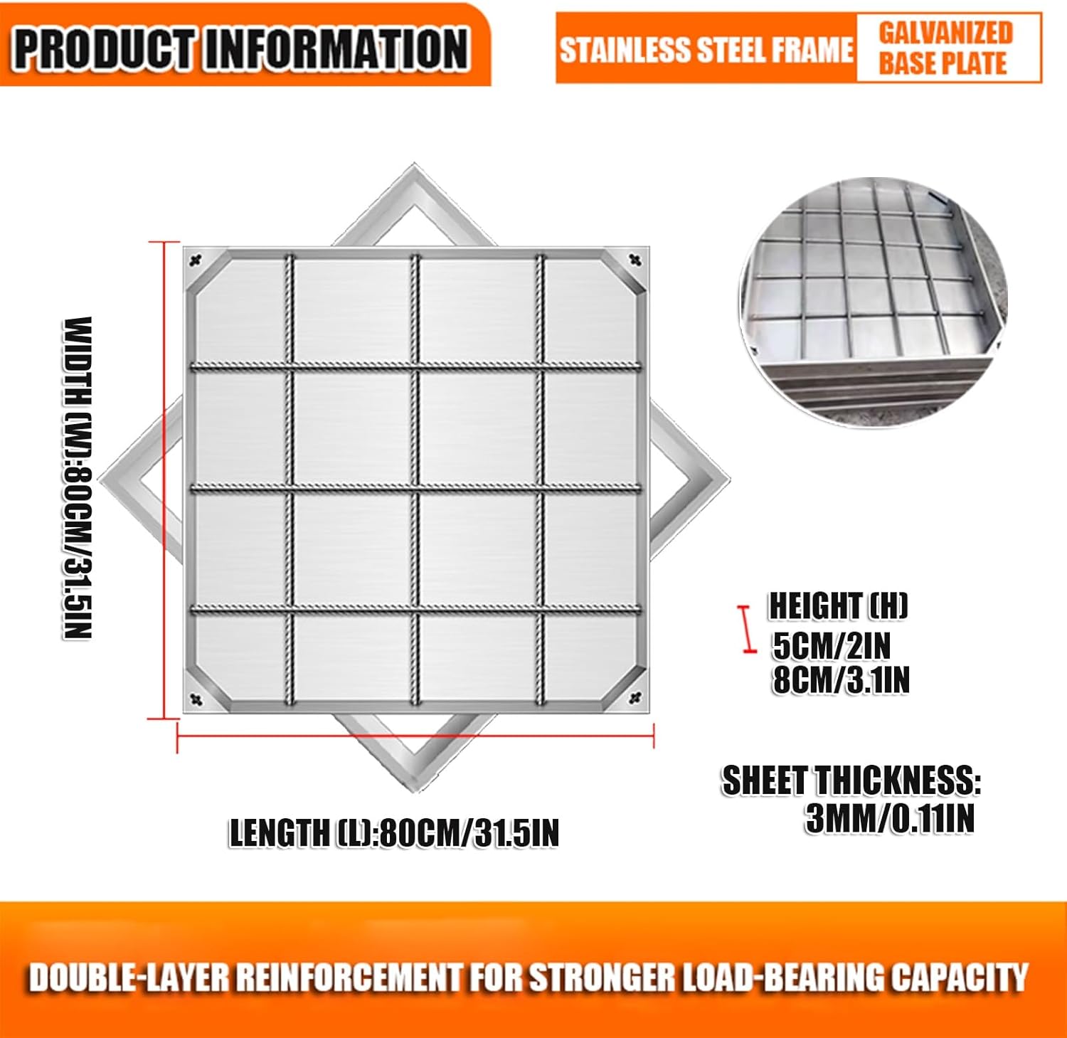 Heavy Duty Stainless Steel Square Septic Tank Cover 304 Invisible Manhole Cover Easy Install 80x80cm (31.5x31.5in) High Load Capacity Durable Outdoor Accessory