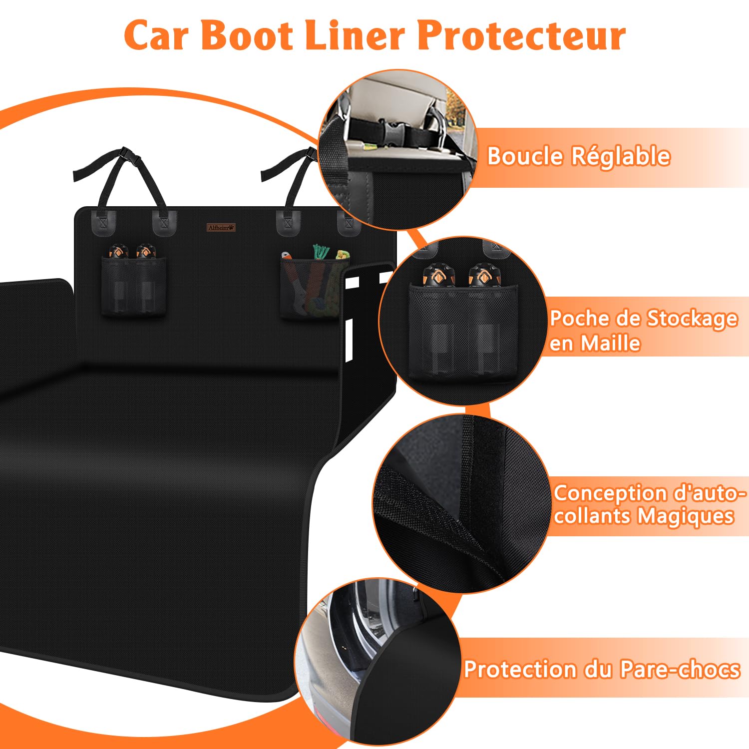 Alfheim Protection Imperméable et Anti-Dérapante pour Coffre de Voiture-Tapis Universel pour Chiens, Adapté aux Voitures et SUV,Facile à Nettoyer,Avec Poches en Filet et Protection de Pare-Chocs(Noir)