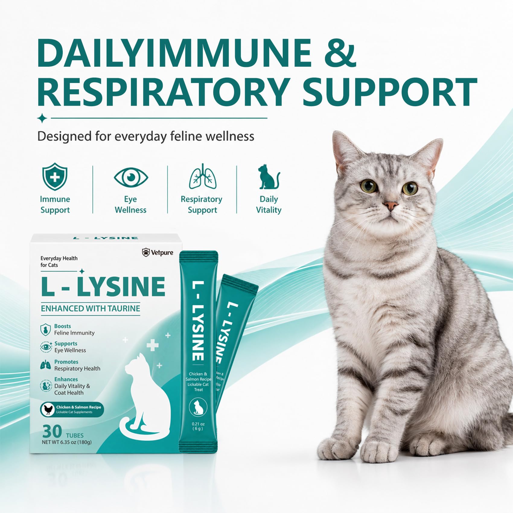 L-Lysine for Cats, Immune, Respiratory & Eye Health Support with Taurine, Helps Support Allergy Relief, Sneezing, Coughing, Runny Nose & Watery Eyes, Chicken Flavor Lickable Cat Treats, 30 Sachets — Amazon image 3