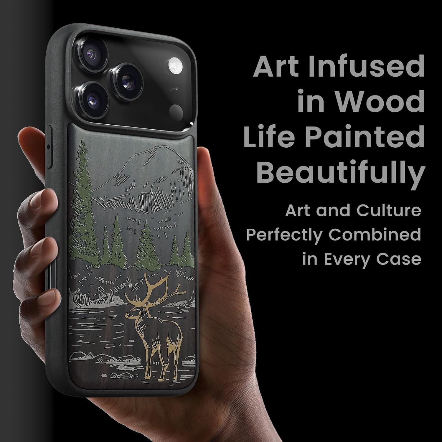 Magnetic for iPhone 17 Pro Case Compatible with MagSafe Wireless Charging, Wooden Cover & Shockproof TPU Phone Case, Dark Wood Hand-Drawn Pattern - Mountain Majesty