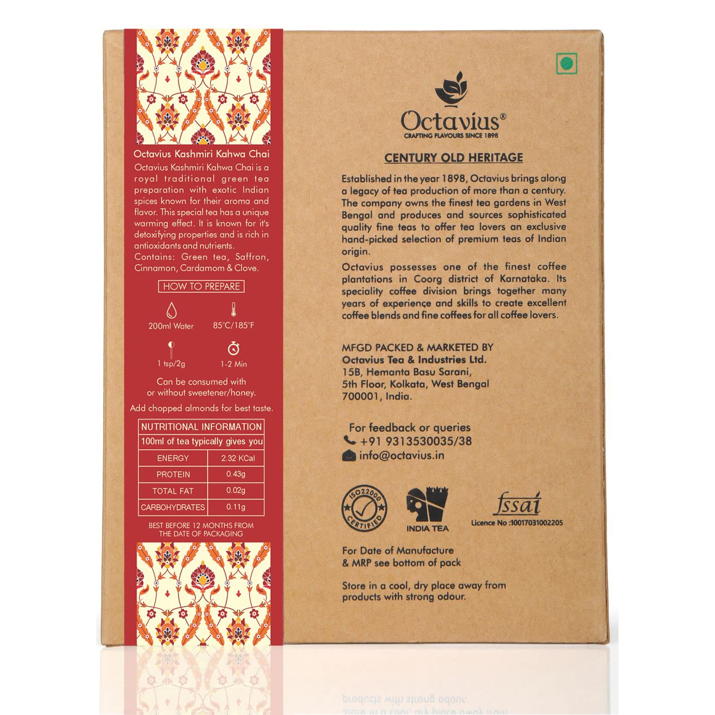 Octavius | Kashmiri Kahwa Green Tea - 100 Gm (50 Cups) | 100% Natural Ingredients | Loose Leaf | Saffron, Cinnamon Cardamom, Clove, Green Tea | Kahwa Tea | Spiced Chai | 100 Gm Box - Image 2 thumbnail
