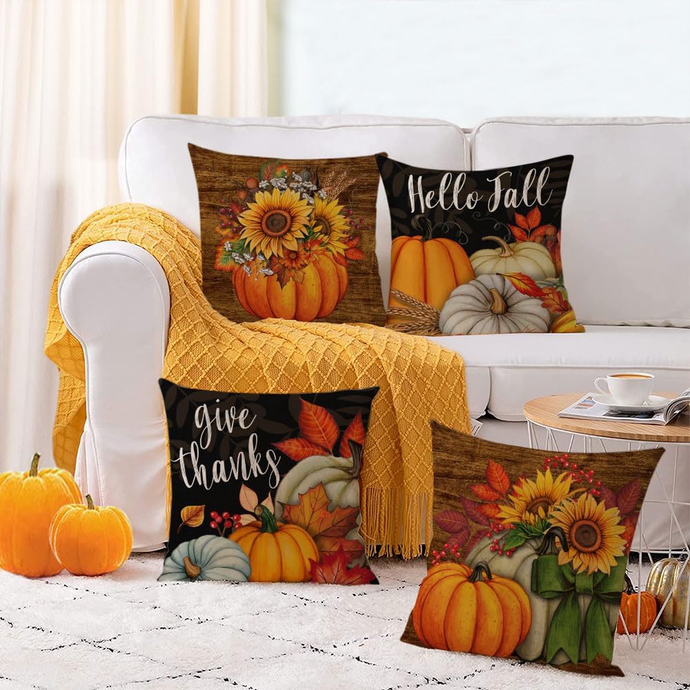 YeeJu Fall Throw Pillow Covers 22x22 Set of 4 Thanksgiving Pumpkin Pillow Covers Orange Black Autumn Pillow Case Sunflower Cushion Covers Outdoor Sofa Couch Home Decorations 22 Inch