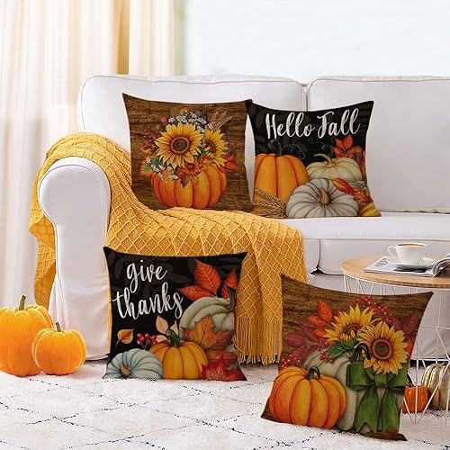Miniatura 5 de YeeJu Juego de 4 fundas de almohada de otoño de 26 x 26 pulgadas, fundas de almohada de calabaza de Acción de Gracias, color naranja y negro, fundas