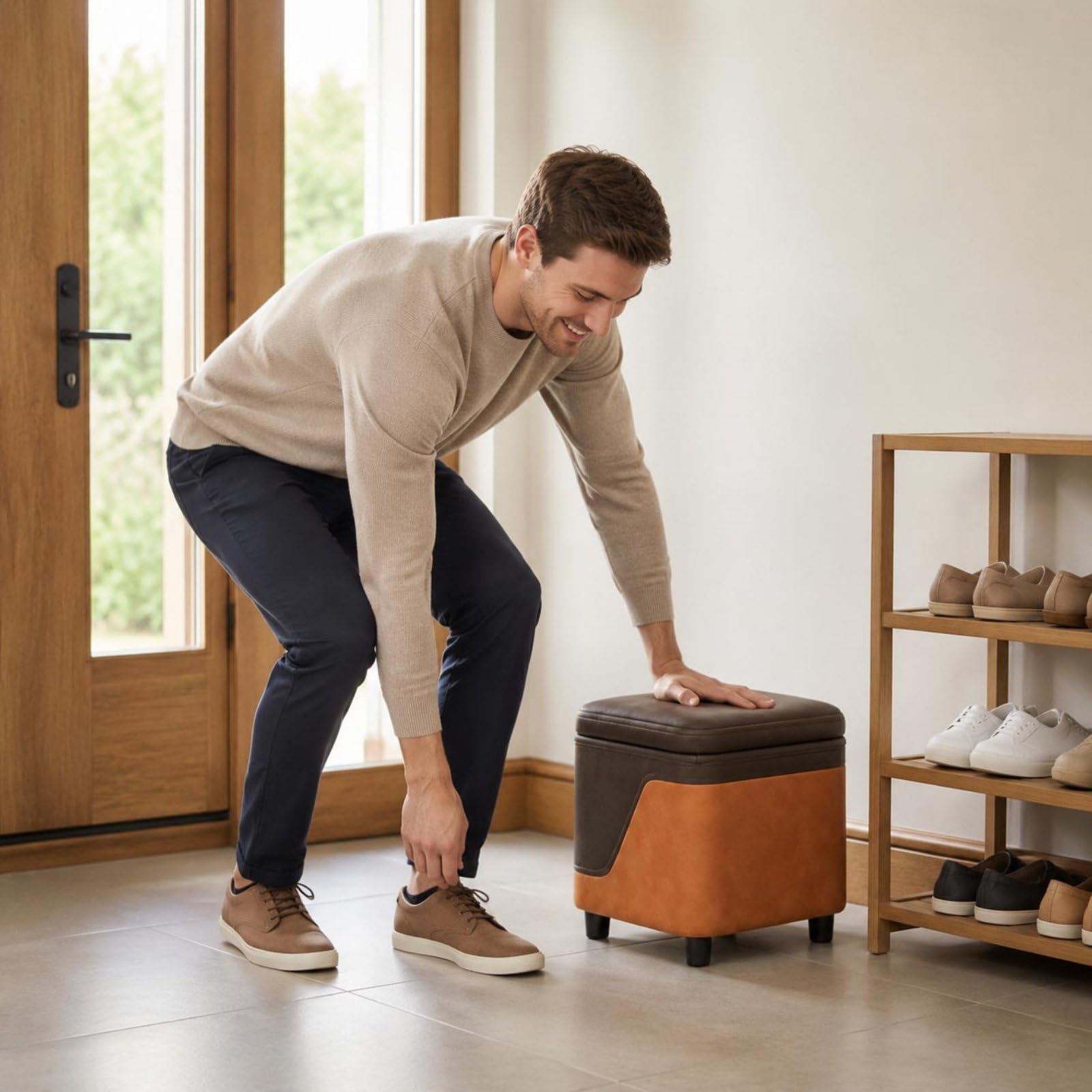 predolo Taburete Baúl Multiuso Puf con Almacenamiento Ahorra Espacio Baúl Tapizado con Tapa para Entrada, Salón, Dormitorio, Color to 4
