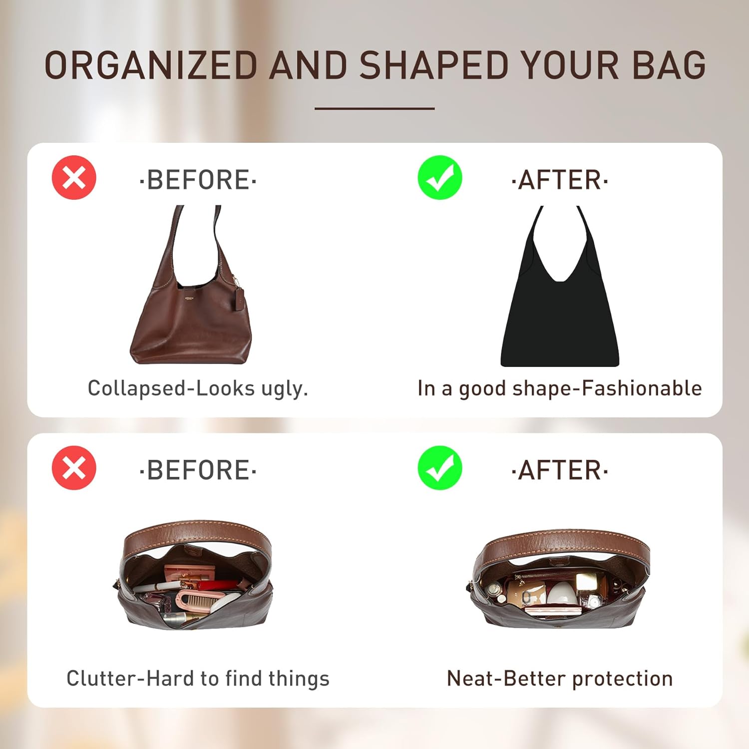 Doxo Purse Organizer Insert for Coach Brooklyn 39 | 9 Pockets with YKK Side Zipper & Elastic Water Bottle Holder | Waterproof Tyvek Bag Organizer for Coach Brooklyn Tote/Shoulder Bag(39, Black)