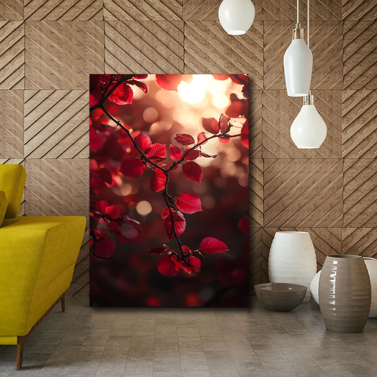Via Vela Czerwone liście Wall Art Płótno Drukowanie Gałąź Jesień Malarstwo Promień Słońce Bokeh Las Plakat Natura Sezonowy Obraz do Salonu Sypialnia Kuchnia Deco 80x120cm