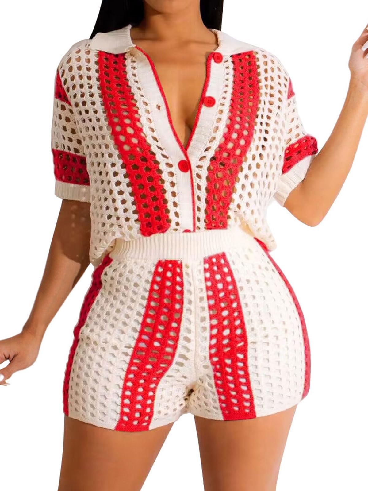 KANSOON Short Sets Women 2 Piece Outfits Knit Color Block Short Sleeve Button Down Shirt and Shorts Set