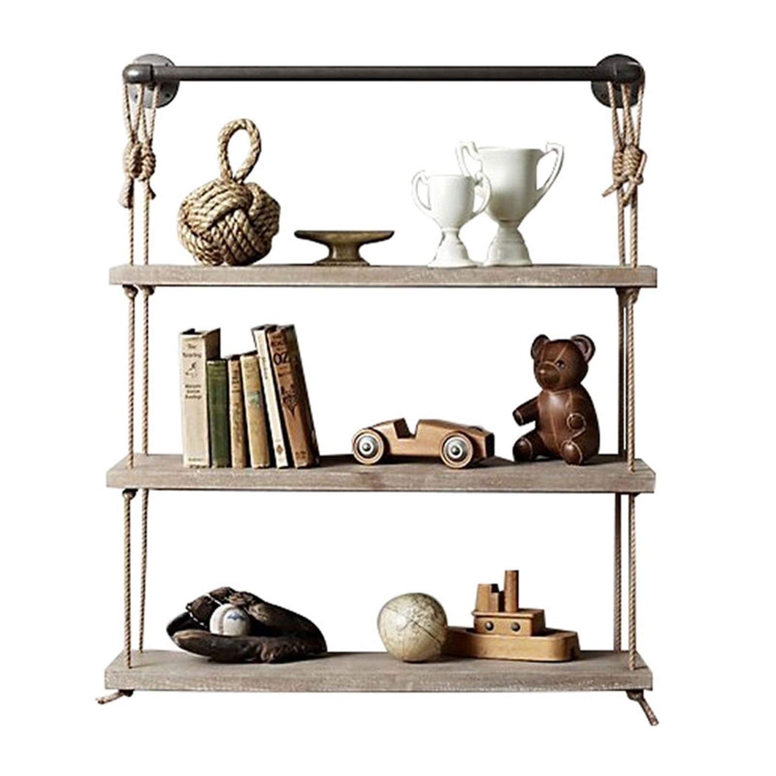 Ecke Wandregal mit Seil Hängeregal mit Seilaufhängung | Schweberegale mit String | Holz Hängendes Regal Wandschaukel Lagerregale Jute Seil Organisator Bauernregal |Vintage Shabby Chic Design, 3-Tiere