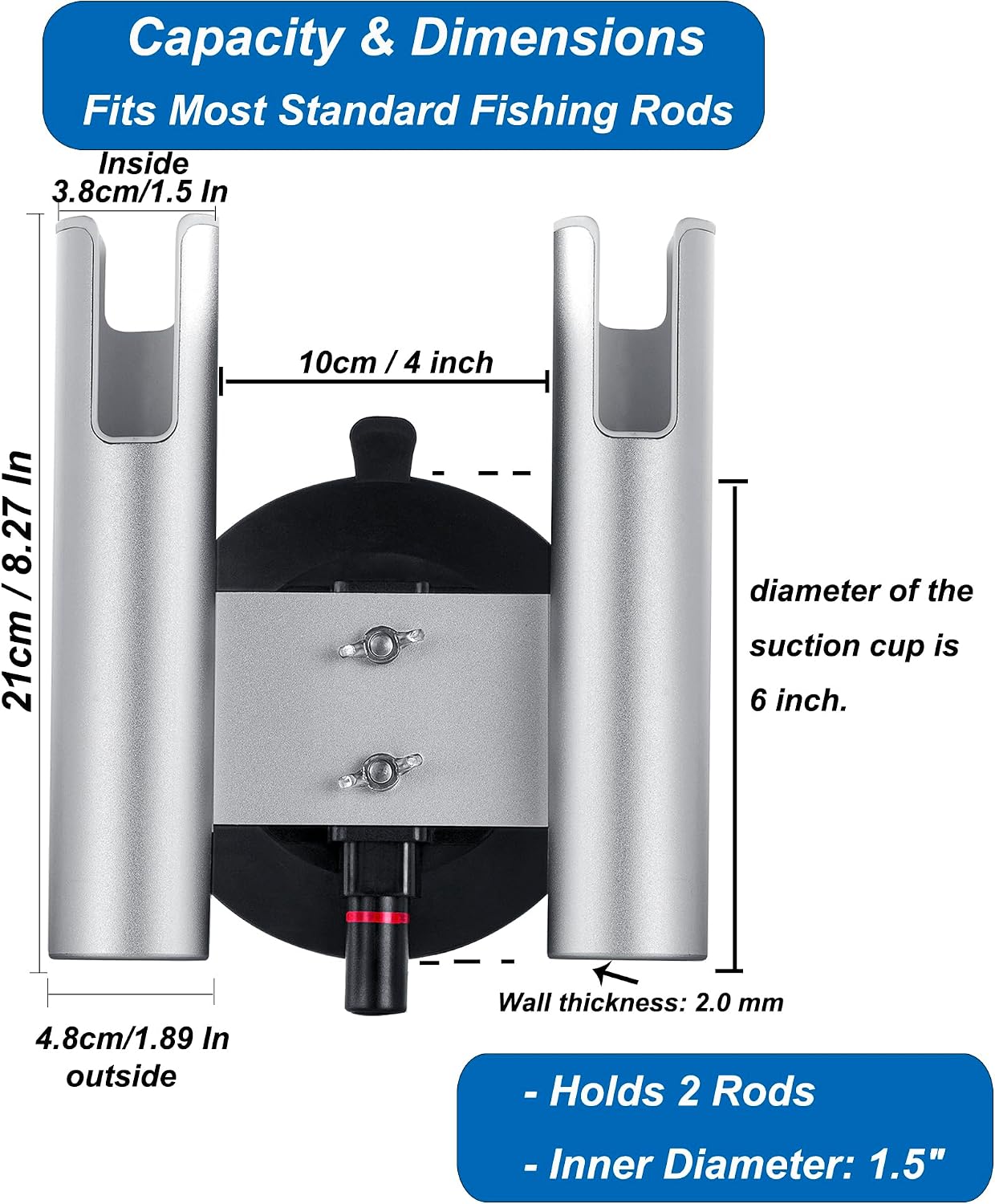 2-Rod No-Drill Aluminum Rack Vacuum Fishing Rod Holder with 300LB | for Boat Truck Wall Glass ，Removable Quick-Release Suction Mount – Installs in Seconds. No tools.