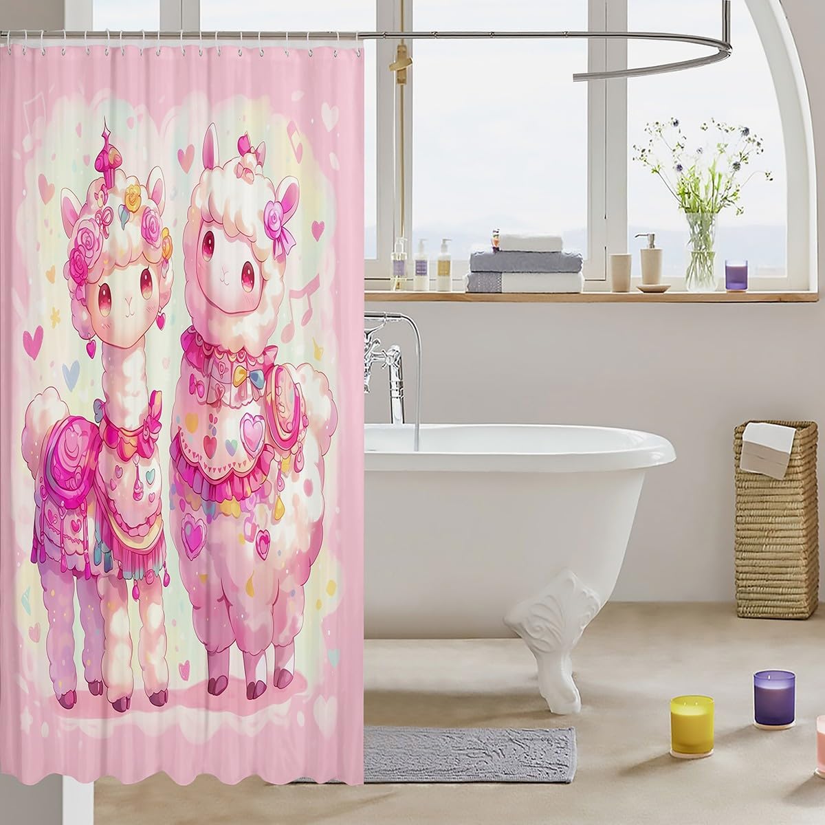 Lovely Alpaca Shower Curtain Watercolor Pink Hearts Decor Sheep Bathroom Curtain for Kids Girls Teens Cartoon Cute Animal Dreamy Graffiti Bath Curtain for Room with 12 Hooks 72" W x 84" L
