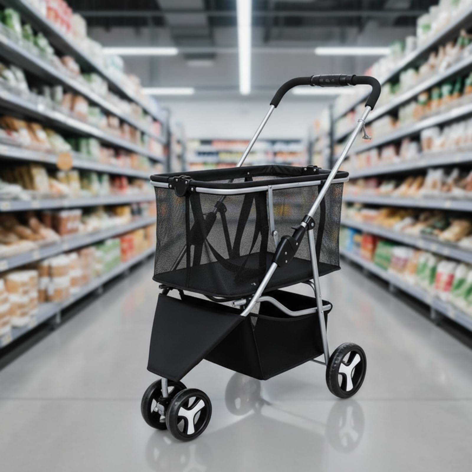 Carrello Spesa Pieghevole Salvaspazio Carrello con Cestino a Rete Portatile per Commissioni, Passeggiate