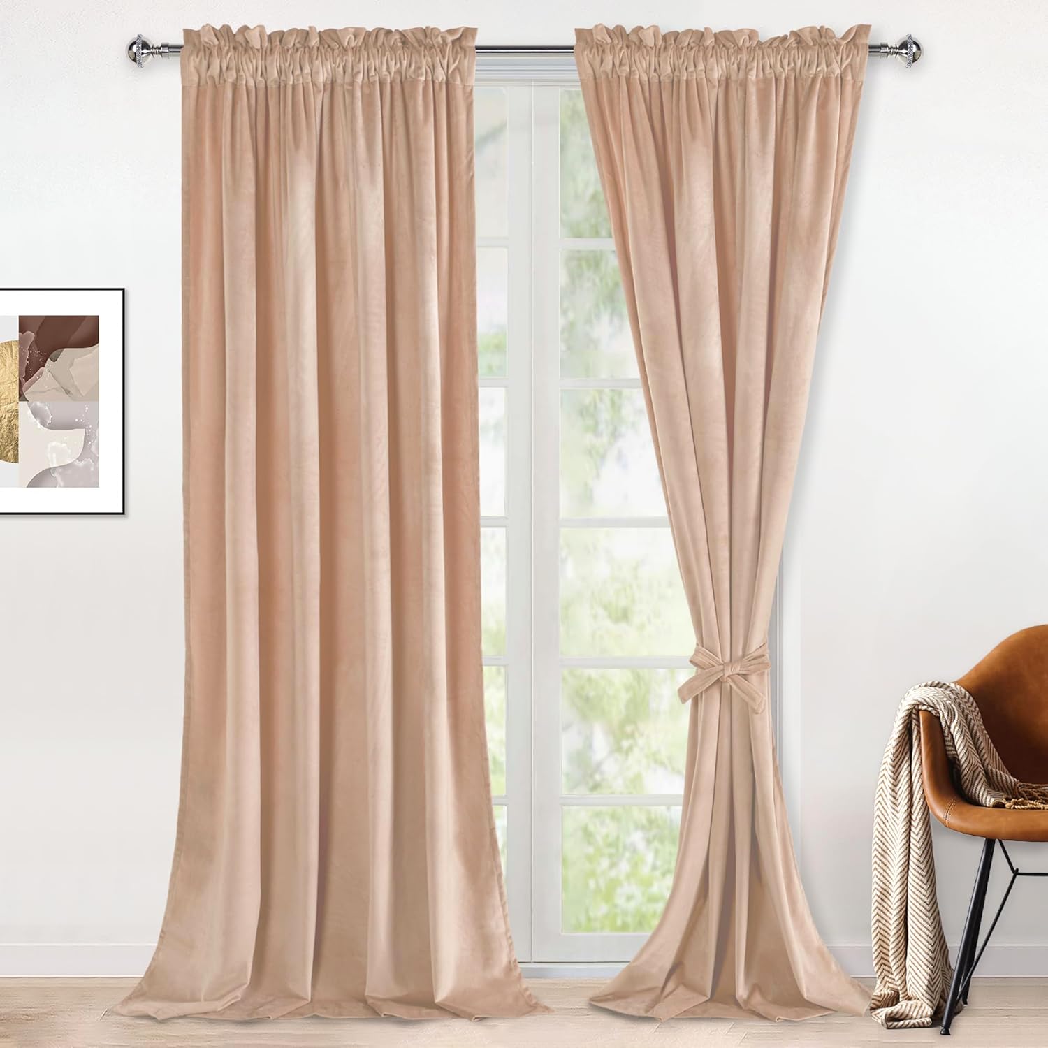 Hiasan Beige Velvet Curtains for Living Room 96 inches