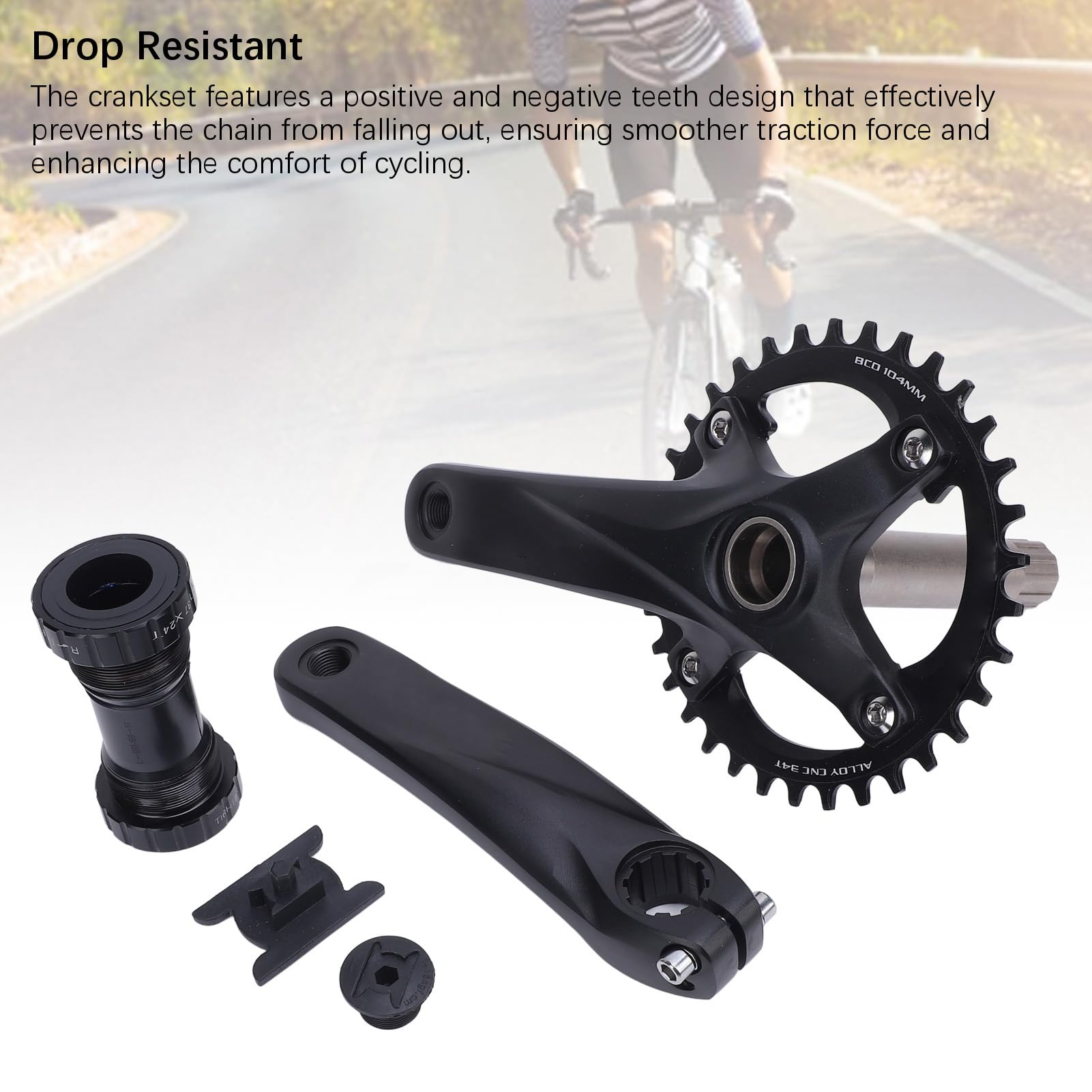 CHICIRIS Mechanizm Korbowy Rowerowy Zestaw Zębatek ze Stopu Aluminium 34T BCD104mm Wydrążone Ramiona Korby Oś 24mm Zęby Zapobiegające Opadaniu dla Dzieci od 8 do 12 Prędkości Ulepszenie Roweru