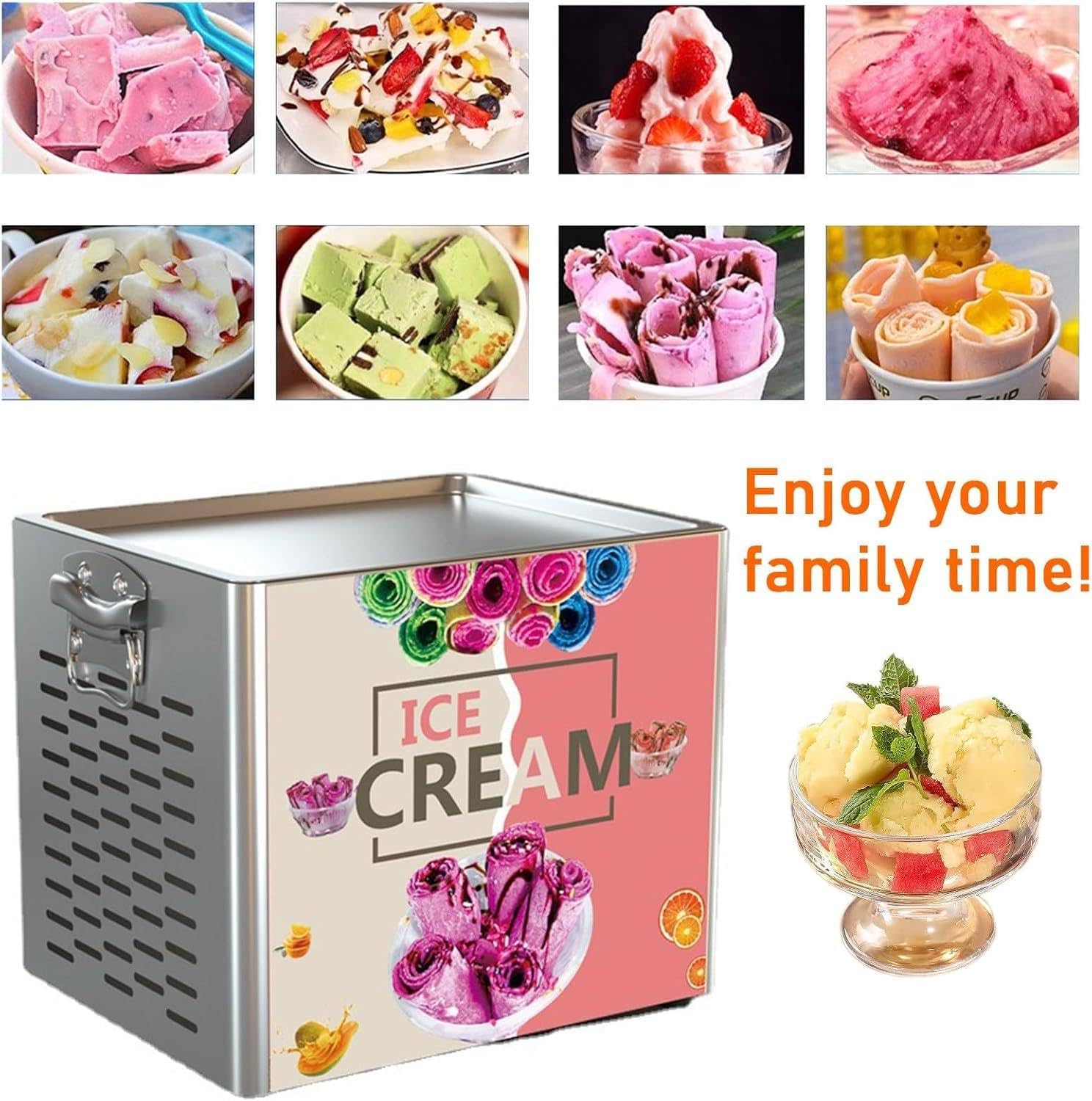 Commercial Fried Ice Cream Machine Electric Yogurt and Smoothie Maker Stainless Steel Tabletop Freezer for Ice Rolls Rapid Cooling Dessert Maker for Shops Cafes Restaurants and Home Use