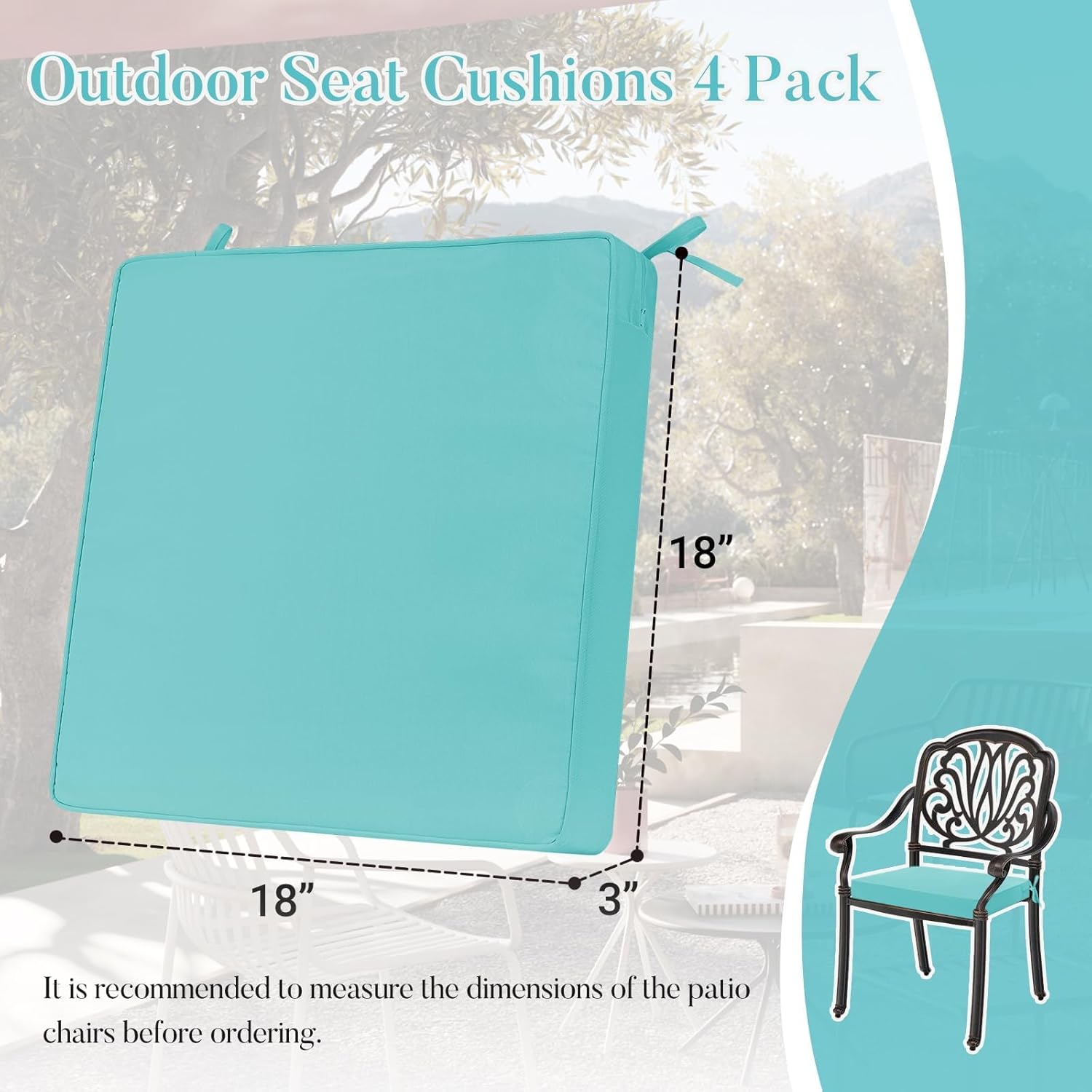 Basic Beyond Outdoor Chair Cushions for Patio Furniture, Waterproof Outdoor Seat Cushions Set of 4 18 x 18, Patio Chair Cushions Set of 4 with Ties and Handle, Teal