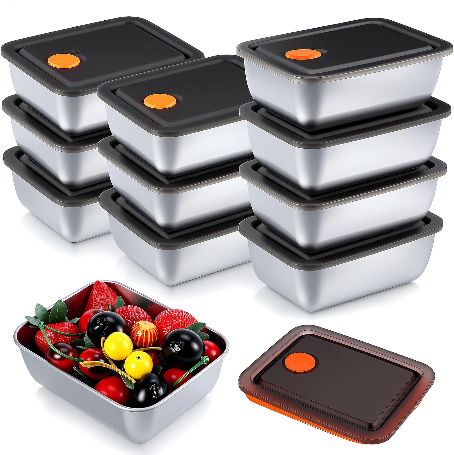 Yolev 10 Pcs Metal Small Food Containers 16oz with Leak-Proof Lids Reusable Meal Stainless Steel Prep Container Lunch Box Stackable Food Storage Containers Dishwasher for Snacks Fruits On-The-Go