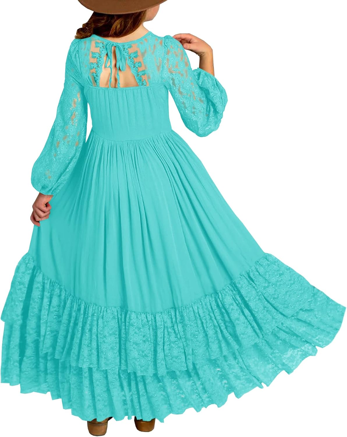 MITILLY Girls Boho Long Sleeve Backless Lace Flower Square Neck Tiered Ruffle Swing Party Maxi Dress