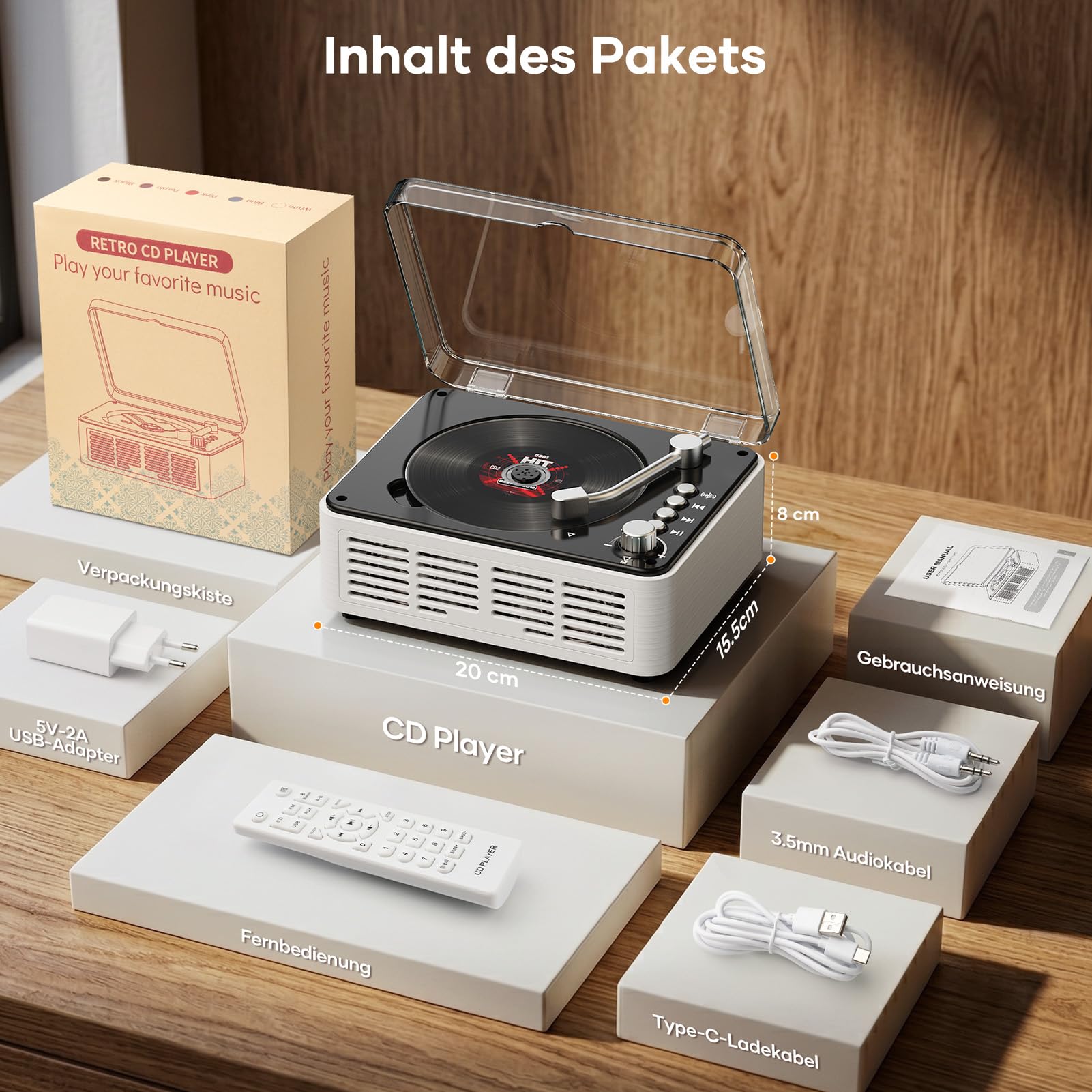 Przenośny odtwarzacz CD Bluetooth z pilotem zdalnego sterowania – Timzeit Desktop Retro CD odtwarzacz CD z podwójnym głośnikiem Hi-Fi dla dzieci, radio FM, powtórzenie A-B, obsługa gniazda