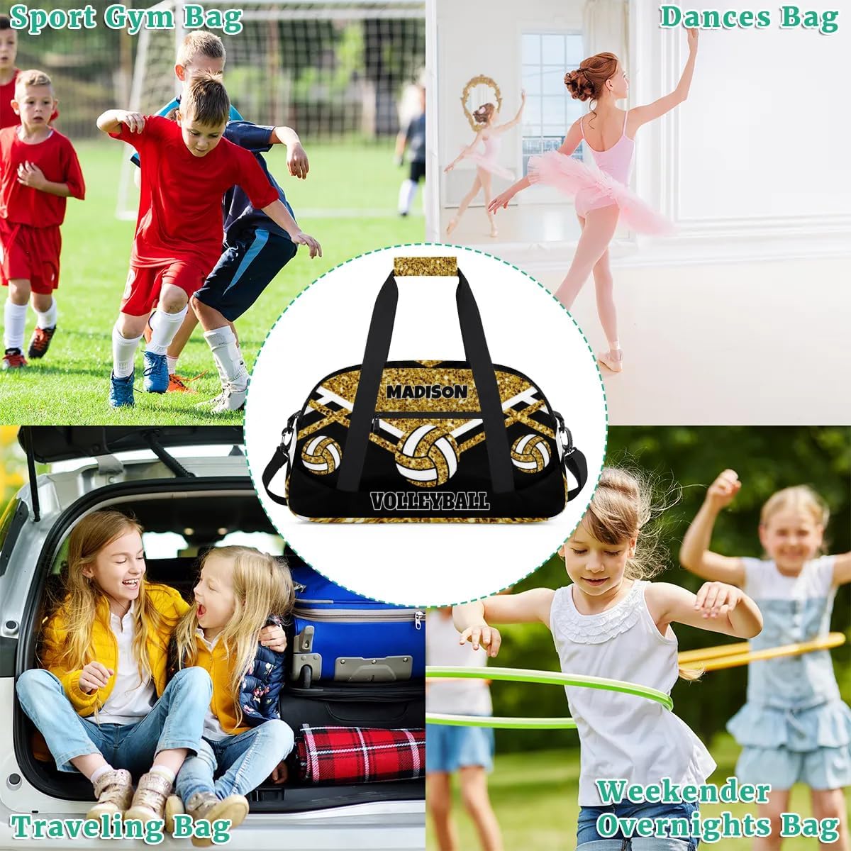 Custom Volleyball Bag for Sports Duffel Bag, Personalized Gym Bag Customize Travel Duffle Bag with Name, Gold Sequins with Black