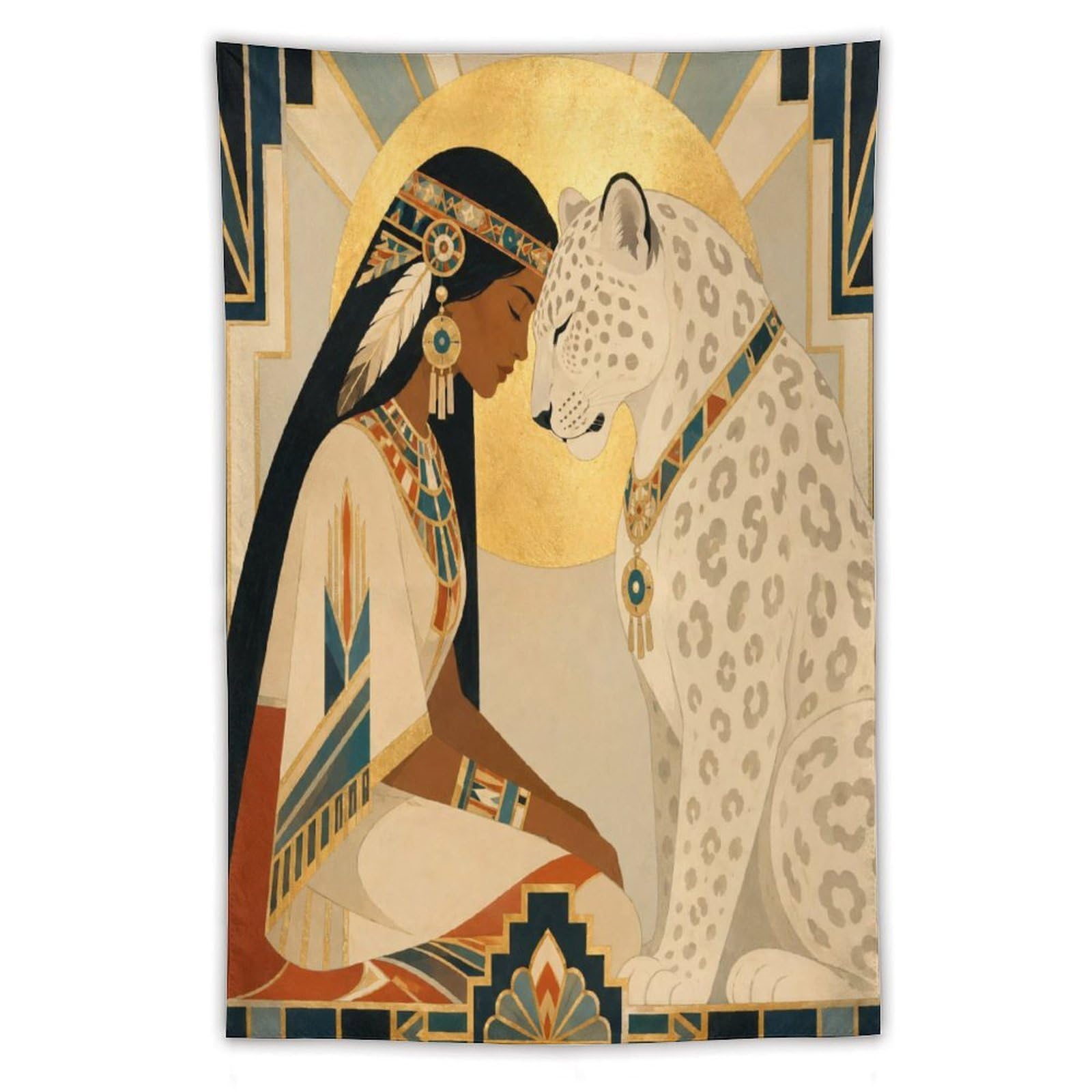 W7C8U2X3 Woman and White Leopard Wall Tapestry, Geometric Art Style, Office