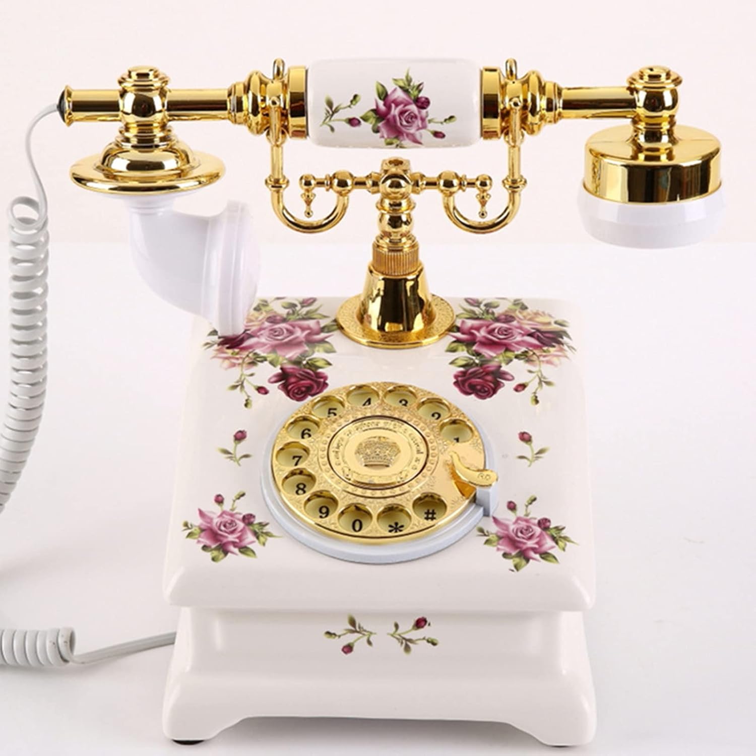 80'S Old Fashioned Telephone Vintage Palaced European Style Ceramic Turntable Telephone Landline HD Call Ro Tary Dial Telephone with Re Dial Function for Home and Decor