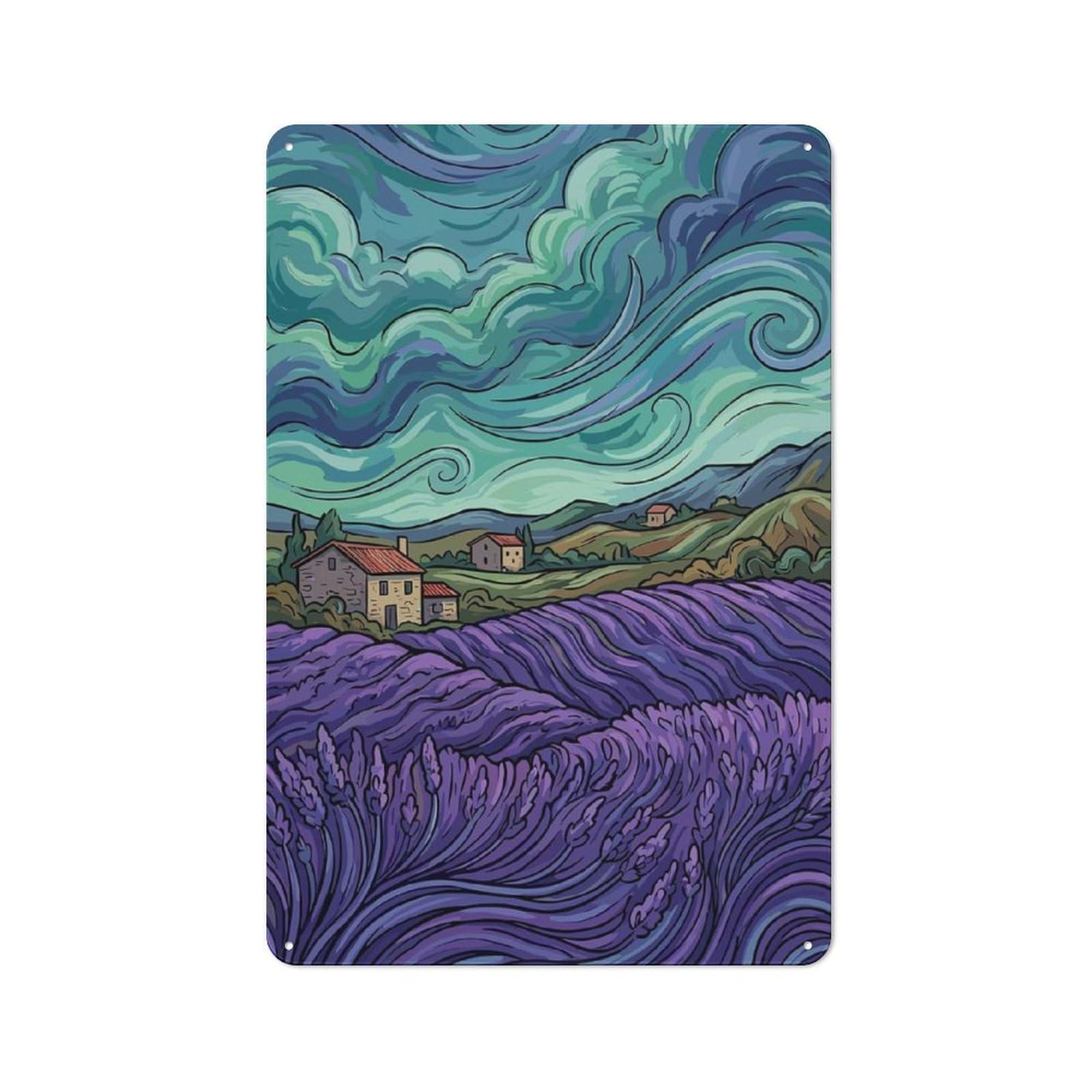 Metal Wall Sign 30x20cm Featuring Lavender Field Under Swirling Sky for Living Room Wall, for Metal Sign Collectors, for Garage And Workshop Walls