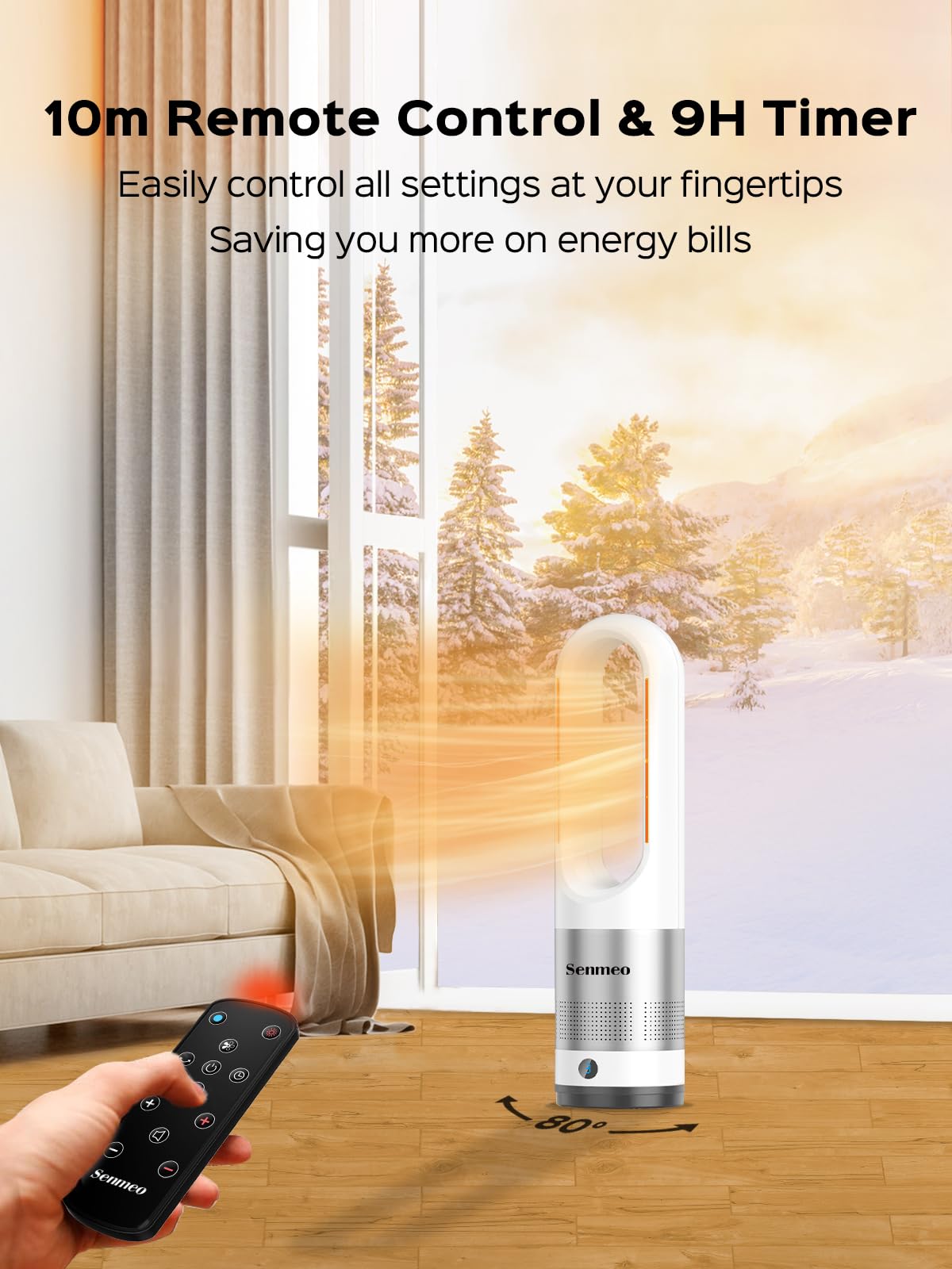 Senmeo Electric Heater 1100W, 2S Rapid Heating Space Heater Low Energy Silent, 13 Modes, 10m Remote, 9H Timer, 80° Oscillating, Ceramic Heater Fan with Overheat & Tip-Over Protection