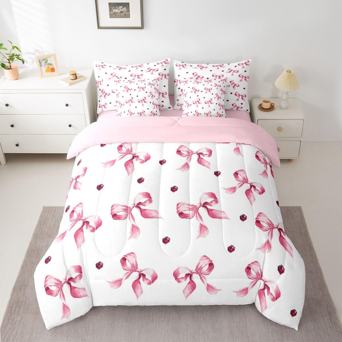 Erosebridal Bowknot 7 Piece Bed in a Bag Twin Coquette Bow 7 Piece Comforter Set Diamond Ribbon Magical Fitted Sheet Breathable Lightweight Dreamy Princess Style Sheet Set Reversible