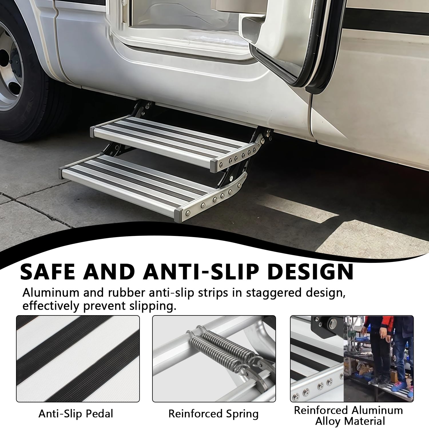 Escalones manuales para Autocaravana 2 peldaños retráctiles con luz LED | de aluminio, plegables, peldaños individuales con cremallera para autocaravanas, autocaravanas remolques de viaje y caravanas
